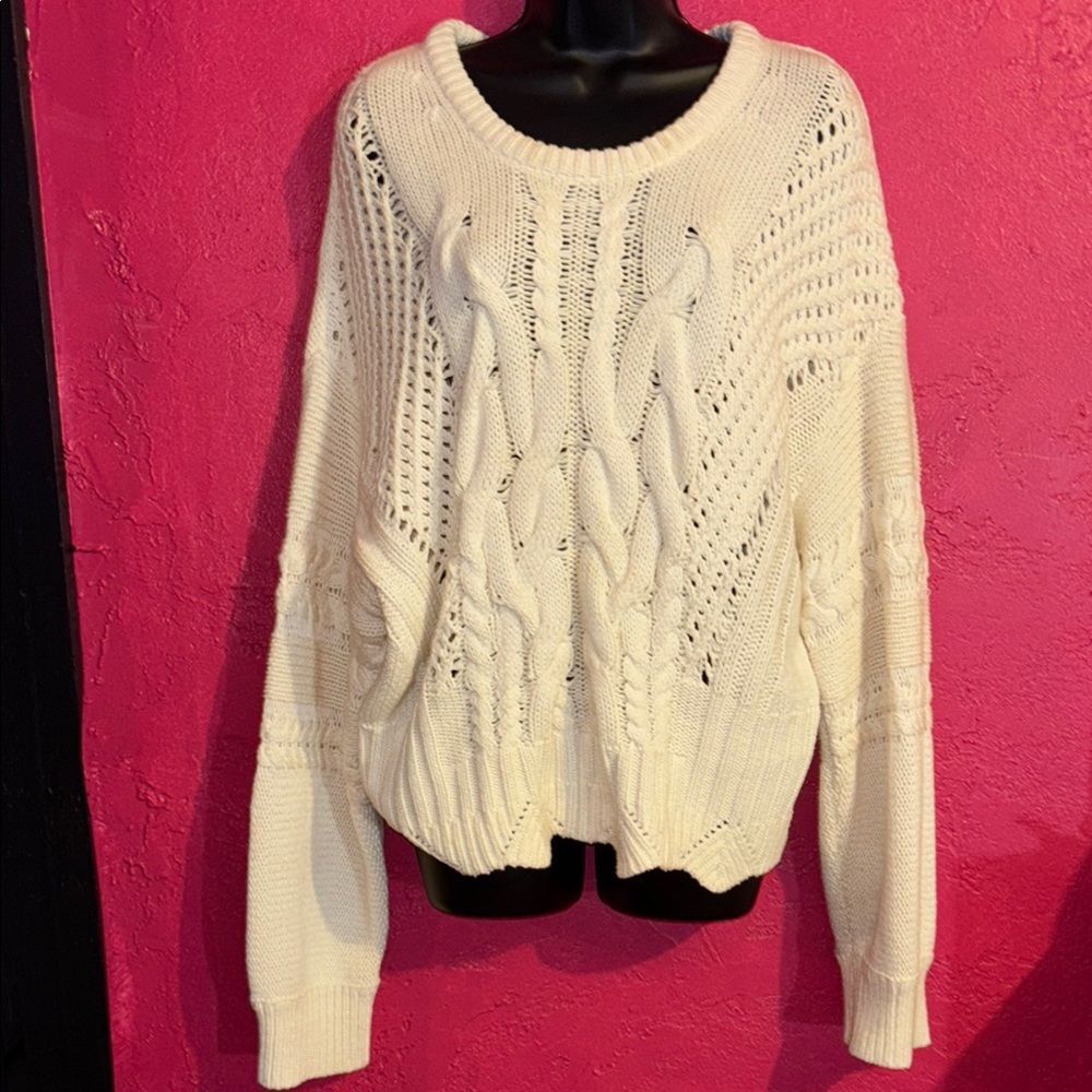 Anthropologie HAZEL Cream cotton blend Cable Knit Sweater. Sz XL Scandi